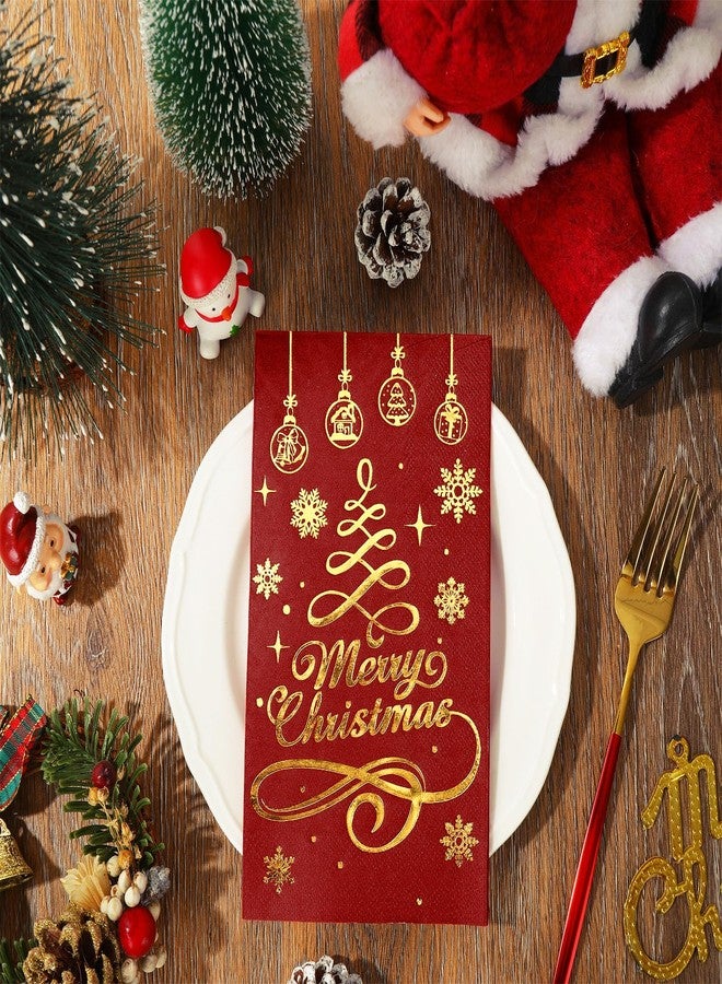 وولاين منديل ورقي للضيوف من والين، بتصميم "عيد ميلاد سعيد"، أحمر وذهبي لامع، ثلاث طبقات، للاستخدام مرة واحدة، مزين بشجرة عيد الميلاد، مناسب لحفلات الشتاء، لتزيين الطاولة، 80 قطعة - Image 3